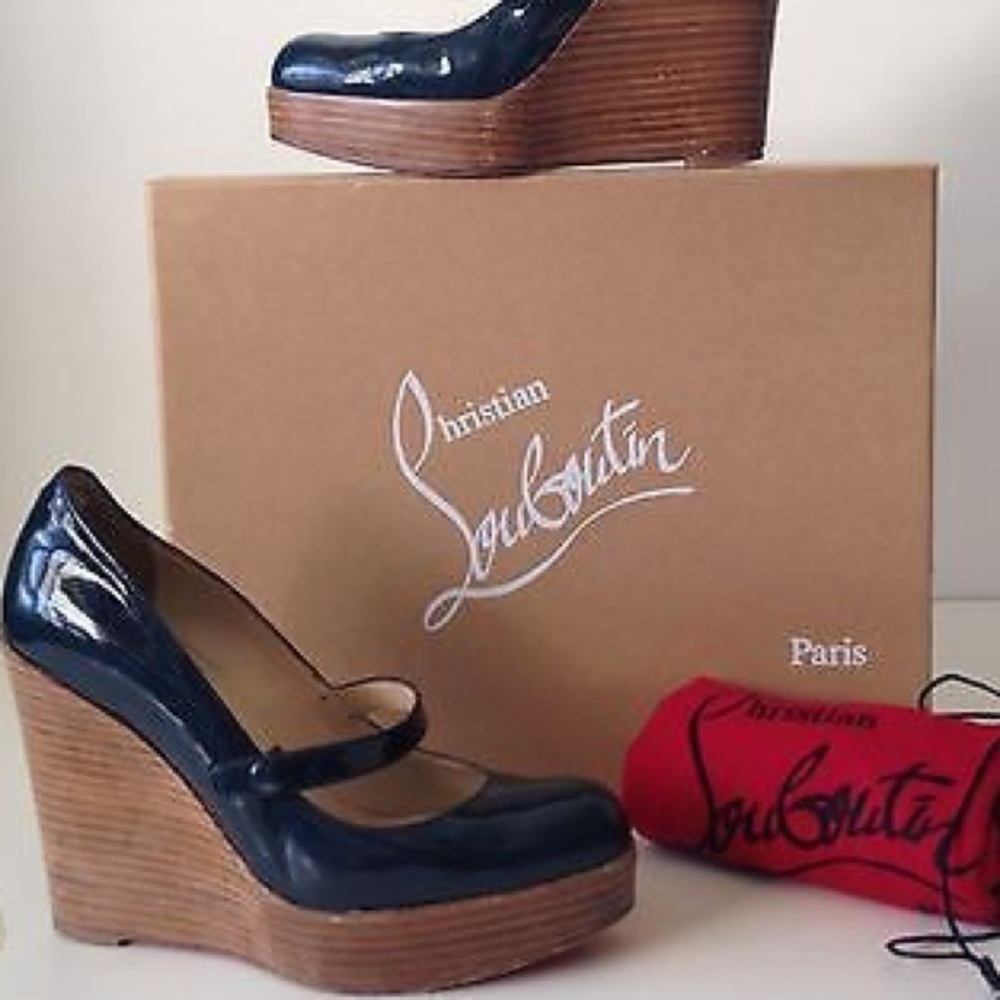 Christian Louboutin Blue Teal Wallis Mary Jane Wood Wedge